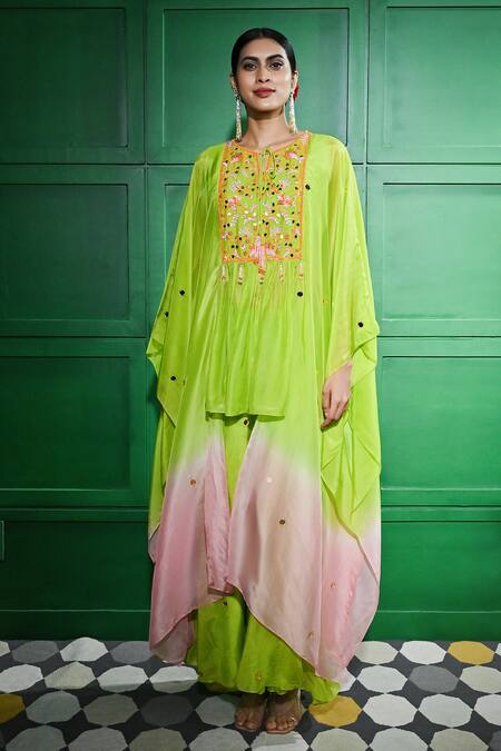 Shop Keith Gomes Green Silk Organza Beads, Mirrors Embroidered Asymmetric Tunic With Palazzo Online at Aza Fashions Shop_Keith Gomes_Green Silk Organza Beads, Mirrors Embroidered Asymmetric Tunic With Palazzo _Online_at_Aza_Fashions