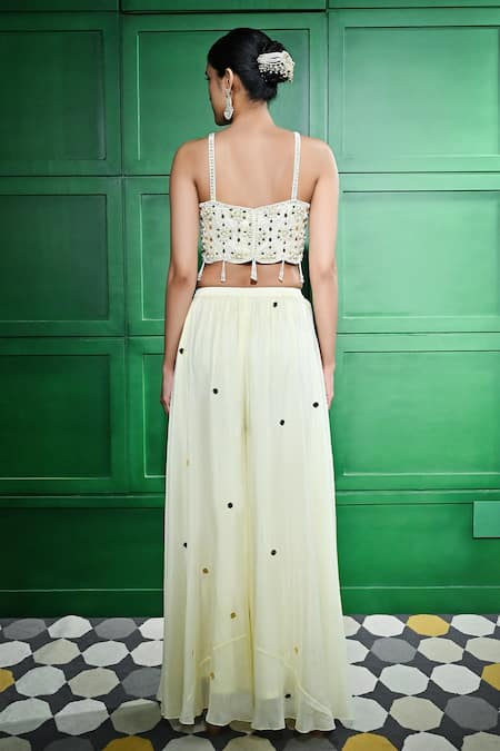 Shop Keith Gomes Ivory Silk Organza Mirrors, Pearls Sweetheart Neck Embroidered Tunic Palazzo Set at Aza Fashions Shop_Keith Gomes_Ivory Silk Organza Mirrors, Pearls Sweetheart Neck Embroidered Tunic Palazzo Set _at_Aza_Fashions