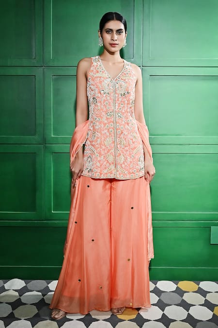 Keith Gomes Peach Silk Organza Embroidered Pearl V-neck Zari Tunic Sharara Set 