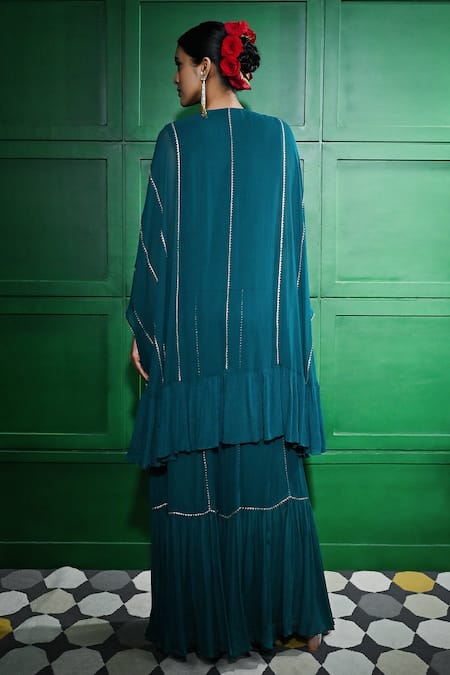 Shop Keith Gomes Blue Georgette, Chiffon Sequins, Gota Embroidered Panel Tunic With Sharara at Aza Fashions Shop_Keith Gomes_Blue Georgette, Chiffon Sequins, Gota Embroidered Panel Tunic With Sharara _at_Aza_Fashions