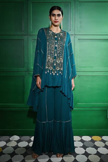 Shop Keith Gomes Blue Georgette, Chiffon Sequins, Gota Embroidered Panel Tunic With Sharara Online at Aza Fashions Shop_Keith Gomes_Blue Georgette, Chiffon Sequins, Gota Embroidered Panel Tunic With Sharara _Online_at_Aza_Fashions