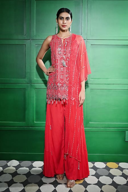 Keith Gomes_Red Chiffon, Crepe Beads, Sequins, Mirrors Open Embroidered Tunic Sharara Set _Online_at_Aza_Fashions