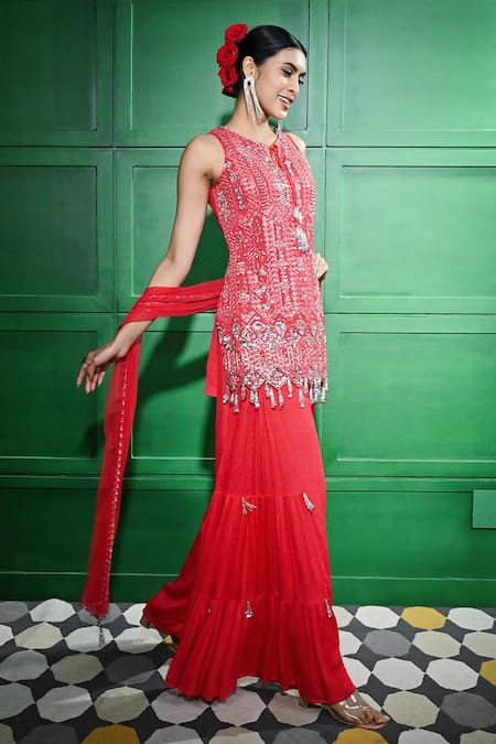 Shop_Keith Gomes_Red Chiffon, Crepe Beads, Sequins, Mirrors Open Embroidered Tunic Sharara Set _Online_at_Aza_Fashions