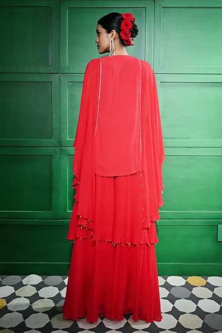 Shop Keith Gomes Red Georgette Sequins, Beads Round Neck Panel Embroidered Tunic With Sharara at Aza Fashions Shop_Keith Gomes_Red Georgette Sequins, Beads Round Neck Panel Embroidered Tunic With Sharara _at_Aza_Fashions