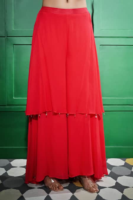 Keith Gomes Red Georgette Sequins, Beads Round Neck Panel Embroidered Tunic With Sharara Online at Aza Fashions Keith Gomes_Red Georgette Sequins, Beads Round Neck Panel Embroidered Tunic With Sharara _Online_at_Aza_Fashions