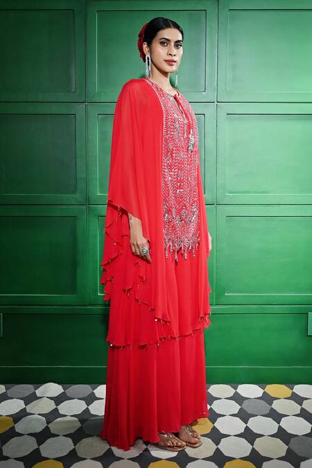 Buy Keith Gomes Red Georgette Sequins, Beads Round Neck Panel Embroidered Tunic With Sharara Online at Aza Fashions Buy_Keith Gomes_Red Georgette Sequins, Beads Round Neck Panel Embroidered Tunic With Sharara _Online_at_Aza_Fashions