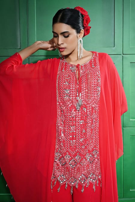 Shop Keith Gomes Red Georgette Sequins, Beads Round Neck Panel Embroidered Tunic With Sharara Online at Aza Fashions Shop_Keith Gomes_Red Georgette Sequins, Beads Round Neck Panel Embroidered Tunic With Sharara _Online_at_Aza_Fashions