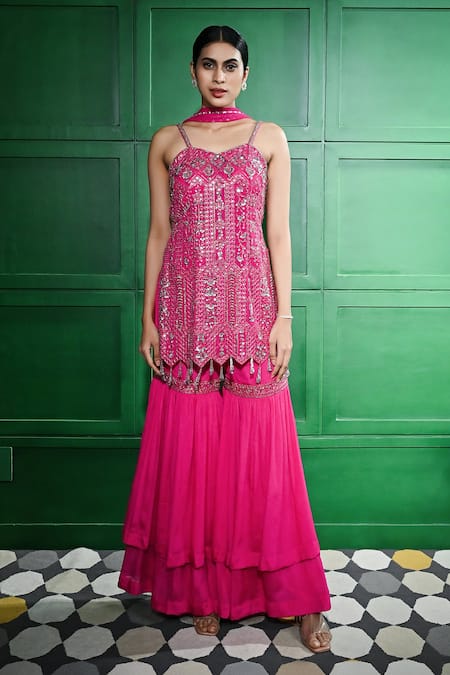 Keith Gomes Pink Chiffon Crepe Embroidered Mirror Sequin Bead Cut-out Tunic Gharara Set 