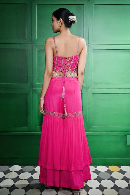 Shop Keith Gomes Pink Chiffon, Crepe Sequins, Beads, Embroidered Cut-out Tunic Gharara Set at Aza Fashions Shop_Keith Gomes_Pink Chiffon, Crepe Sequins, Beads, Embroidered Cut-out Tunic Gharara Set _at_Aza_Fashions