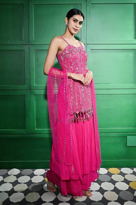 Keith Gomes Pink Chiffon, Crepe Sequins, Beads, Embroidered Cut-out Tunic Gharara Set Online at Aza Fashions Keith Gomes_Pink Chiffon, Crepe Sequins, Beads, Embroidered Cut-out Tunic Gharara Set _Online_at_Aza_Fashions