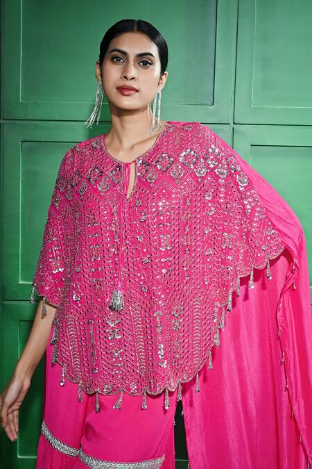 Keith Gomes Pink Chiffon, Crepe Sequins, Beads, Gota Embroidered High-low Tunic Gharara Set Online at Aza Fashions Keith Gomes_Pink Chiffon, Crepe Sequins, Beads, Gota Embroidered High-low Tunic Gharara Set _Online_at_Aza_Fashions