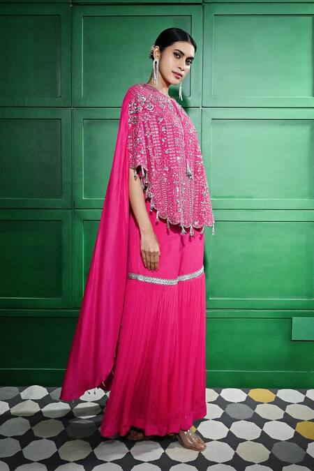 Shop Keith Gomes Pink Chiffon, Crepe Sequins, Beads, Gota Embroidered High-low Tunic Gharara Set Online at Aza Fashions Shop_Keith Gomes_Pink Chiffon, Crepe Sequins, Beads, Gota Embroidered High-low Tunic Gharara Set _Online_at_Aza_Fashions