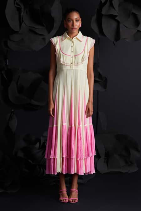 Dania Siddiqui_Yellow Viscose, Georgette, Cotton, Silk Fringe Marina Flary Frill Midi Dress _Online_at_Aza_Fashions