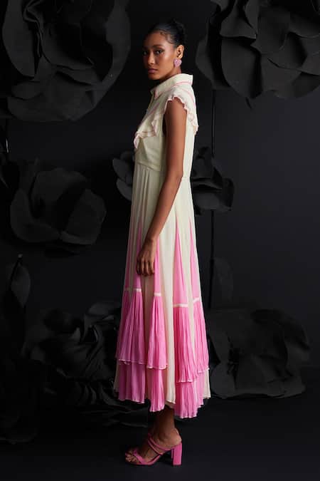 Shop_Dania Siddiqui_Yellow Viscose, Georgette, Cotton, Silk Fringe Marina Flary Frill Midi Dress _Online_at_Aza_Fashions