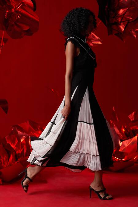 Dania Siddiqui_Black Viscose, Georgette, Cotton, Silk Fringe Collared Marina Flary Frill Dress _Online_at_Aza_Fashions