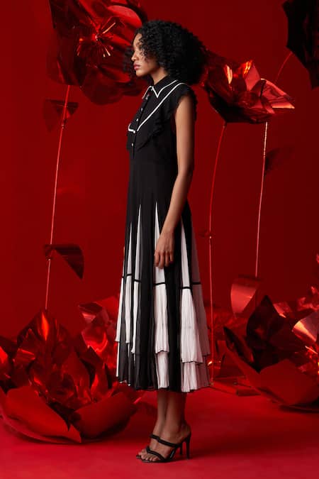 Buy_Dania Siddiqui_Black Viscose, Georgette, Cotton, Silk Fringe Collared Marina Flary Frill Dress _Online_at_Aza_Fashions