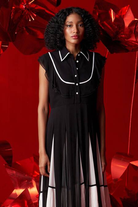 Dania Siddiqui_Black Viscose, Georgette, Cotton, Silk Fringe Collared Marina Flary Frill Dress _at_Aza_Fashions