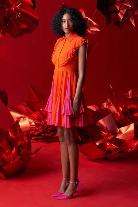 Dania Siddiqui_Orange Viscose, Georgette, Cotton, Silk Fringe Marina Flary Frill Short Dress _Online_at_Aza_Fashions