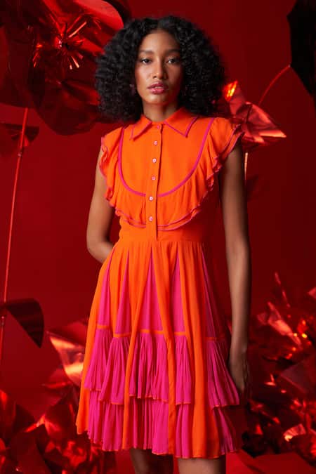 Buy_Dania Siddiqui_Orange Viscose, Georgette, Cotton, Silk Fringe Marina Flary Frill Short Dress _Online_at_Aza_Fashions