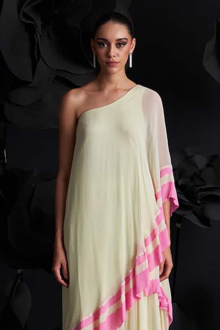 Dania Siddiqui_Yellow Viscose, Silk, Cotton One Laura Color Blocked Asymmetric Top With Skirt _Online_at_Aza_Fashions