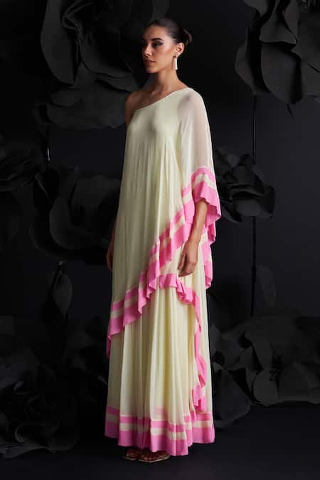 Buy_Dania Siddiqui_Yellow Viscose, Silk, Cotton One Laura Color Blocked Asymmetric Top With Skirt _Online_at_Aza_Fashions