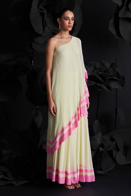 Shop_Dania Siddiqui_Yellow Viscose, Silk, Cotton One Laura Color Blocked Asymmetric Top With Skirt _Online_at_Aza_Fashions