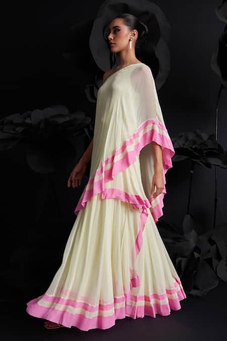 Dania Siddiqui_Yellow Viscose, Silk, Cotton One Laura Color Blocked Asymmetric Top With Skirt _at_Aza_Fashions