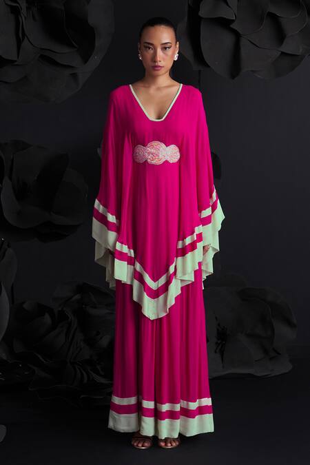 Dania Siddiqui_Pink Georgette, Cotton, Silk Embroidery V-neck Josefina Layered Kaftan _Online_at_Aza_Fashions
