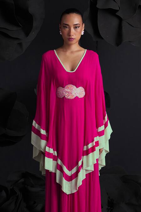 Buy_Dania Siddiqui_Pink Georgette, Cotton, Silk Embroidery V-neck Josefina Layered Kaftan _Online_at_Aza_Fashions