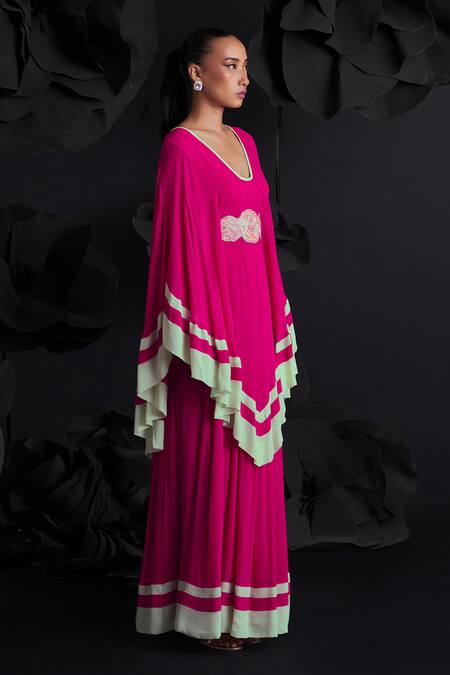Shop_Dania Siddiqui_Pink Georgette, Cotton, Silk Embroidery V-neck Josefina Layered Kaftan _Online_at_Aza_Fashions
