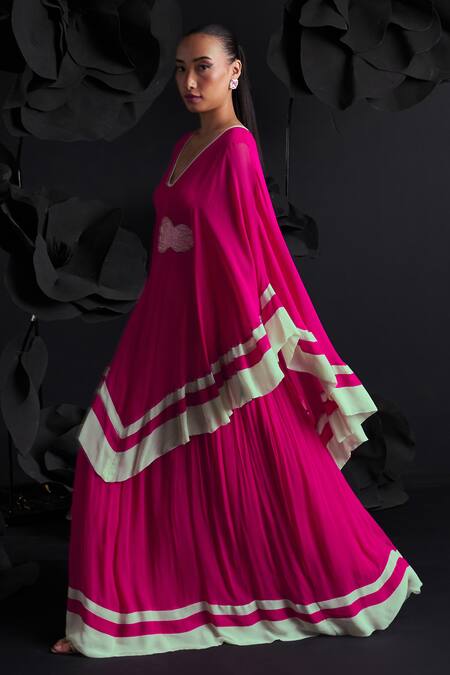 Dania Siddiqui_Pink Georgette, Cotton, Silk Embroidery V-neck Josefina Layered Kaftan _at_Aza_Fashions