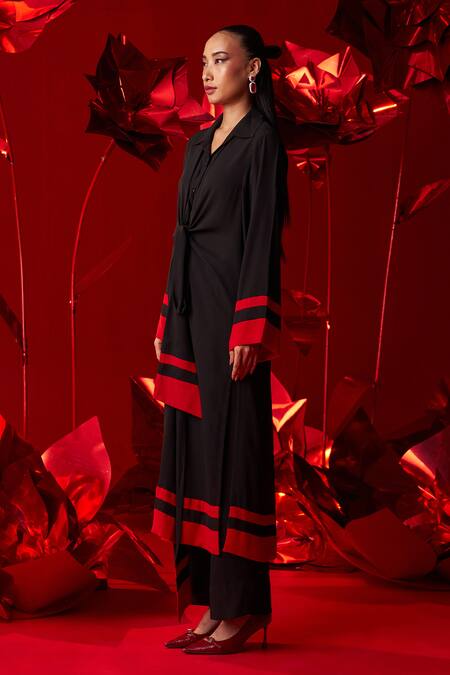 Shop_Dania Siddiqui_Black Georgette Collared Nova Front Tie-up Shirt With Pant _Online_at_Aza_Fashions