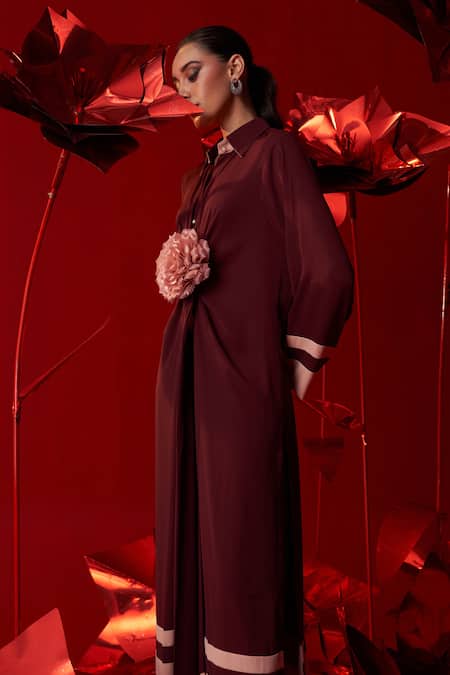 Dania Siddiqui_Wine Georgette Brooches Collared Nova Color Blocked Hem Tunic With Pant _Online_at_Aza_Fashions