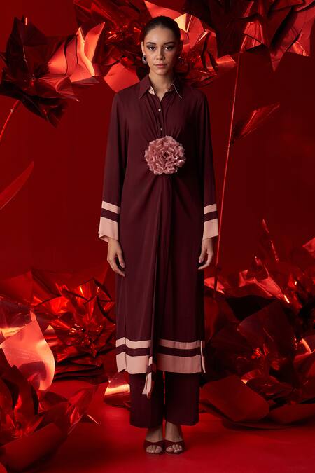 Buy_Dania Siddiqui_Wine Georgette Brooches Collared Nova Color Blocked Hem Tunic With Pant _Online_at_Aza_Fashions