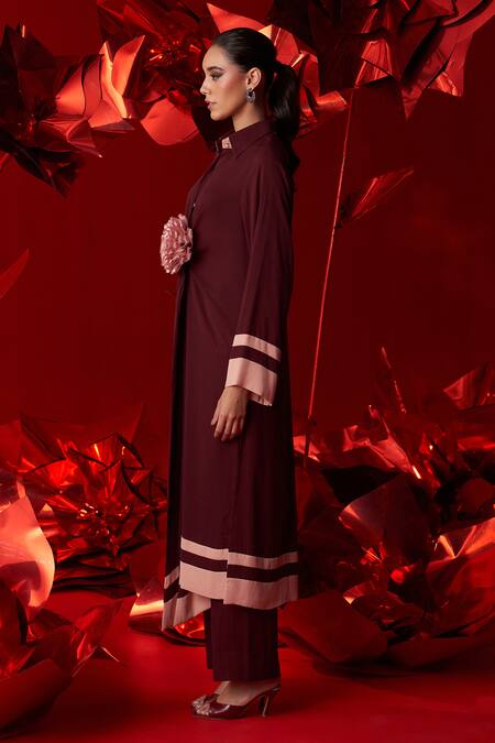 Shop_Dania Siddiqui_Wine Georgette Brooches Collared Nova Color Blocked Hem Tunic With Pant _Online_at_Aza_Fashions