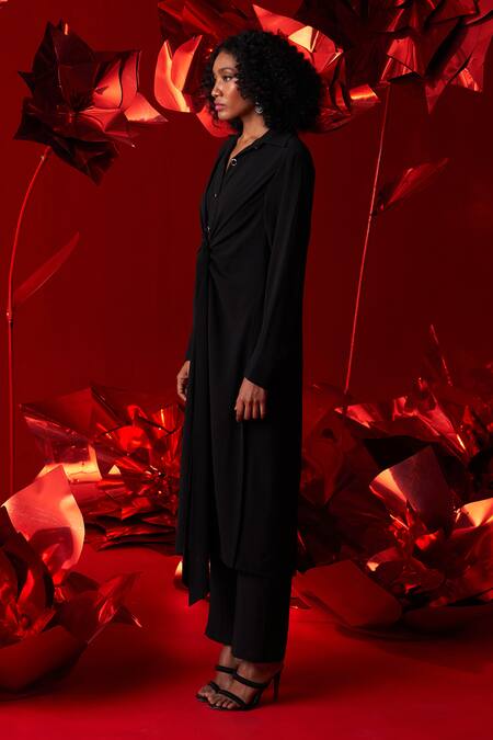 Buy_Dania Siddiqui_Black Crepe Collared Camila Front Tie-up Shirt With Pant _Online_at_Aza_Fashions