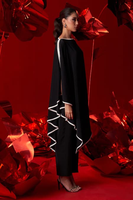 Dania Siddiqui_Black Satin Round Neck Maya Asymmetric Hem Tunic With Pant _Online_at_Aza_Fashions