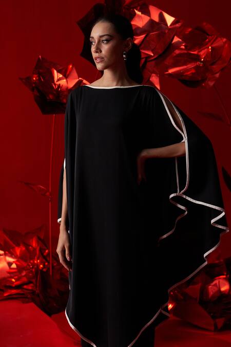 Buy_Dania Siddiqui_Black Satin Round Neck Maya Asymmetric Hem Tunic With Pant _Online_at_Aza_Fashions