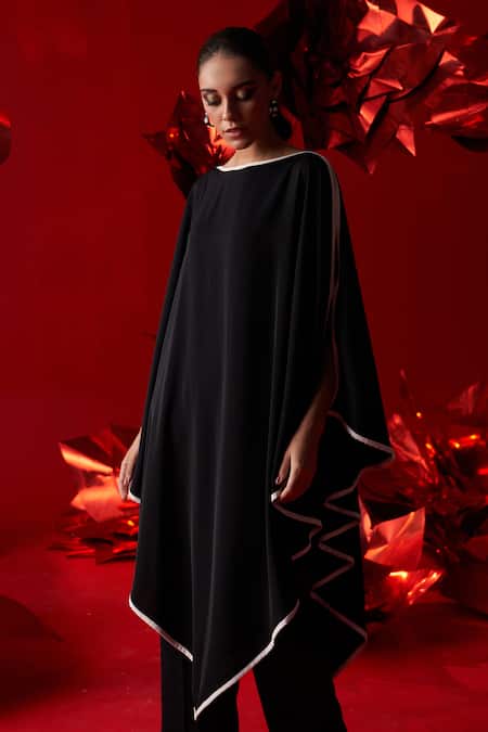 Shop_Dania Siddiqui_Black Satin Round Neck Maya Asymmetric Hem Tunic With Pant _Online_at_Aza_Fashions