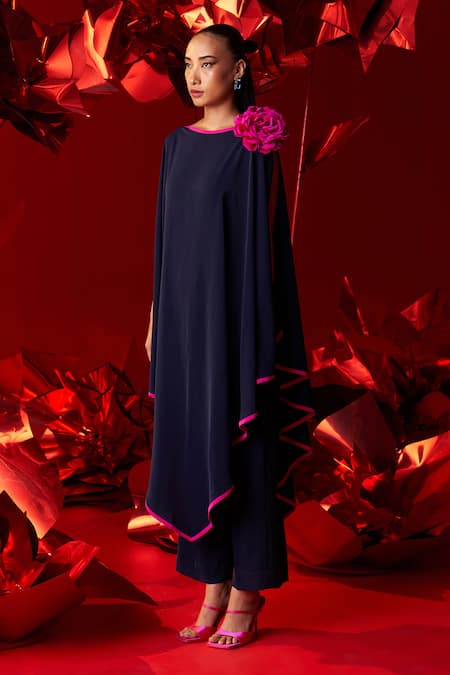 Dania Siddiqui_Blue Satin Fabric Flowers Round Neck Maya Asymmetric Tunic With Pant _Online_at_Aza_Fashions