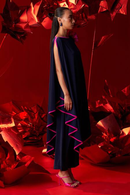 Buy_Dania Siddiqui_Blue Satin Fabric Flowers Round Neck Maya Asymmetric Tunic With Pant _Online_at_Aza_Fashions