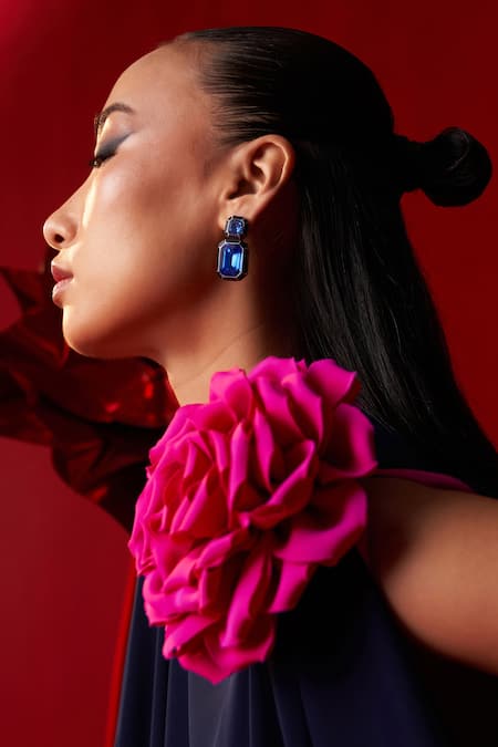 Shop_Dania Siddiqui_Blue Satin Fabric Flowers Round Neck Maya Asymmetric Tunic With Pant _Online_at_Aza_Fashions