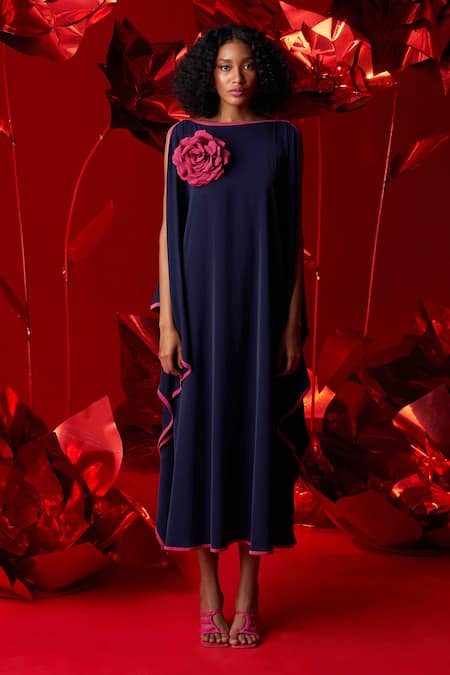 Buy_Dania Siddiqui_Blue Satin Round Neck Zia Square Kaftan _Online_at_Aza_Fashions