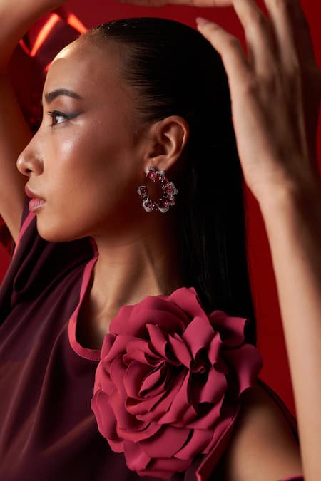 Dania Siddiqui_Wine Satin Fabric Flowers Round Neck Zia Contrast Hem Kaftan _Online_at_Aza_Fashions