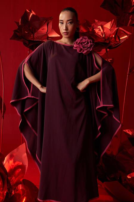 Buy_Dania Siddiqui_Wine Satin Fabric Flowers Round Neck Zia Contrast Hem Kaftan _Online_at_Aza_Fashions