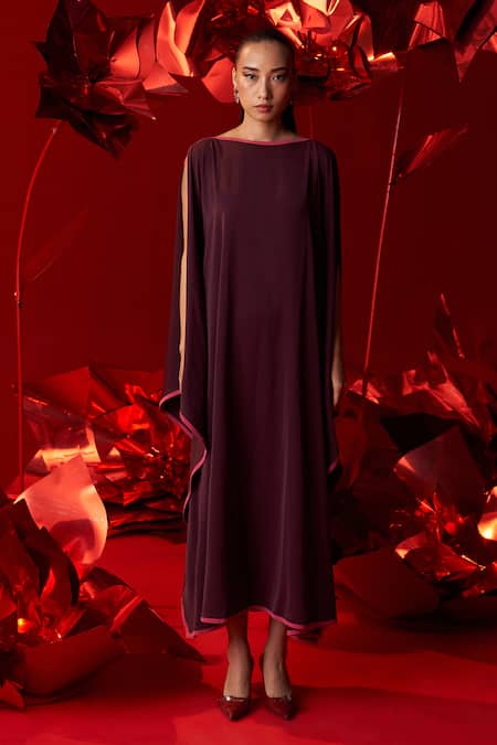 Shop_Dania Siddiqui_Wine Satin Fabric Flowers Round Neck Zia Contrast Hem Kaftan _Online_at_Aza_Fashions