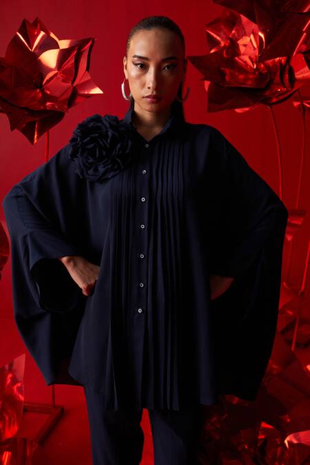 Dania Siddiqui_Blue Georgette, Cotton Brooches Collared Isabella Draped Shirt With Pant _Online_at_Aza_Fashions