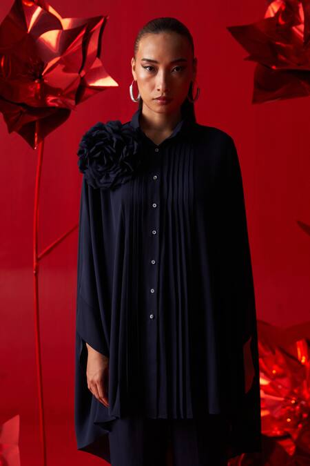 Buy_Dania Siddiqui_Blue Georgette, Cotton Brooches Collared Isabella Draped Shirt With Pant _Online_at_Aza_Fashions