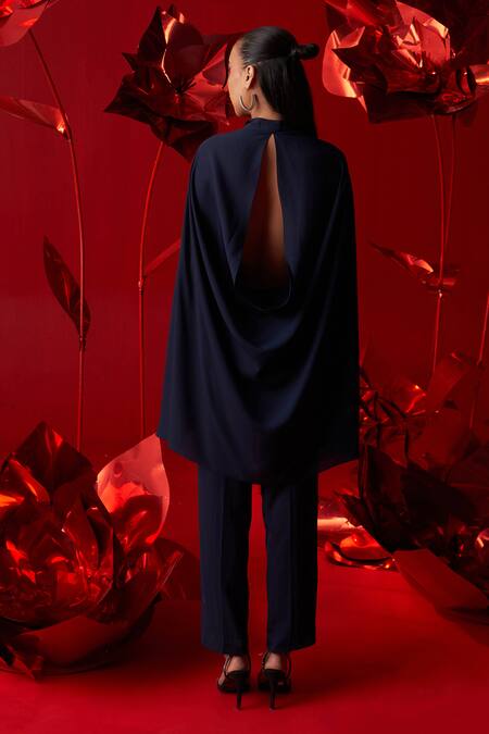 Shop_Dania Siddiqui_Blue Georgette, Cotton Brooches Collared Isabella Draped Shirt With Pant _Online_at_Aza_Fashions