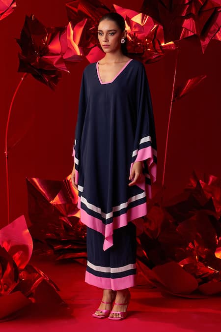 Dania Siddiqui_Blue Georgette V-neck Stella Asymmetric Tunic With Straight Pant _Online_at_Aza_Fashions